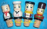 Image for International Costumes Military Soldiers/Toy Soldier Men Figural Wood & Cork Bottle Stoppers Set of 4 (“Cognac”, “Gin”, “Vermouth” & “Whisky”/Whiskey) Vintage ca 1950s-1960s <b><span style='color:red'>*****FIRST CLASS SHIPPING INCLUDED – DOMESTIC ORDERS ONLY!*****</span></b><span style='color:purple'>